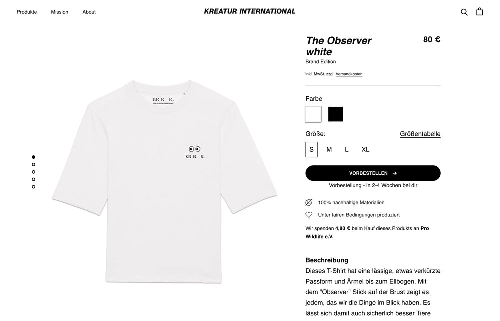 Weiße T-Shirt-Ansicht mit Preis- und Größenoptionen rechts.