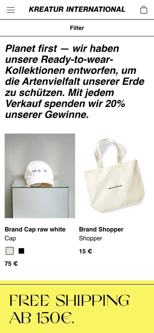 Text über Schutz der Artenvielfalt. Abbildung von weißer Cap und Shopper mit Preisen unten.