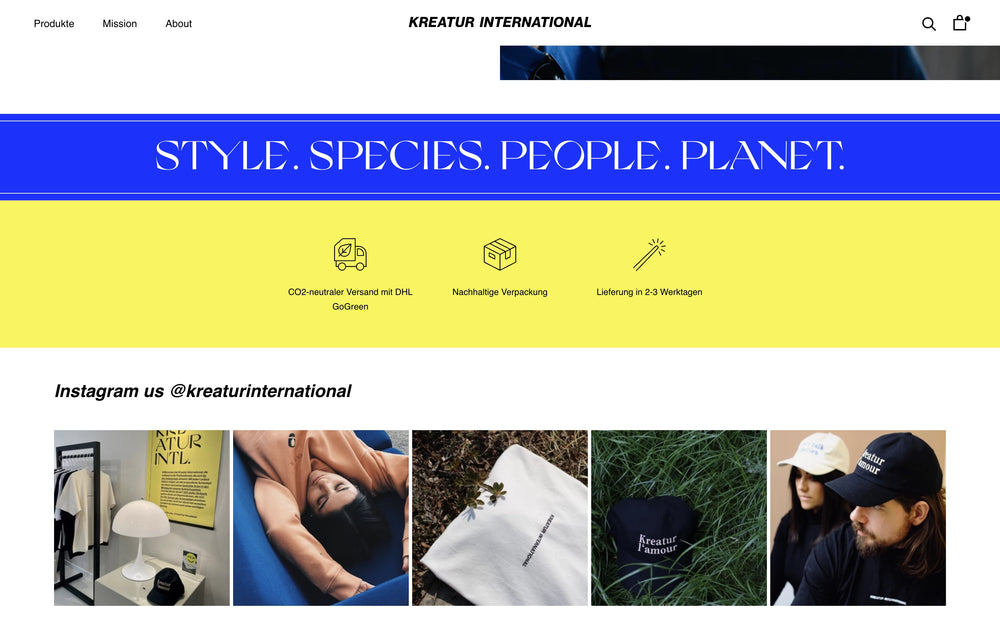 Bilderleiste mit Text: Style, Species, People, Planet, darunter Instagram-Fotos.