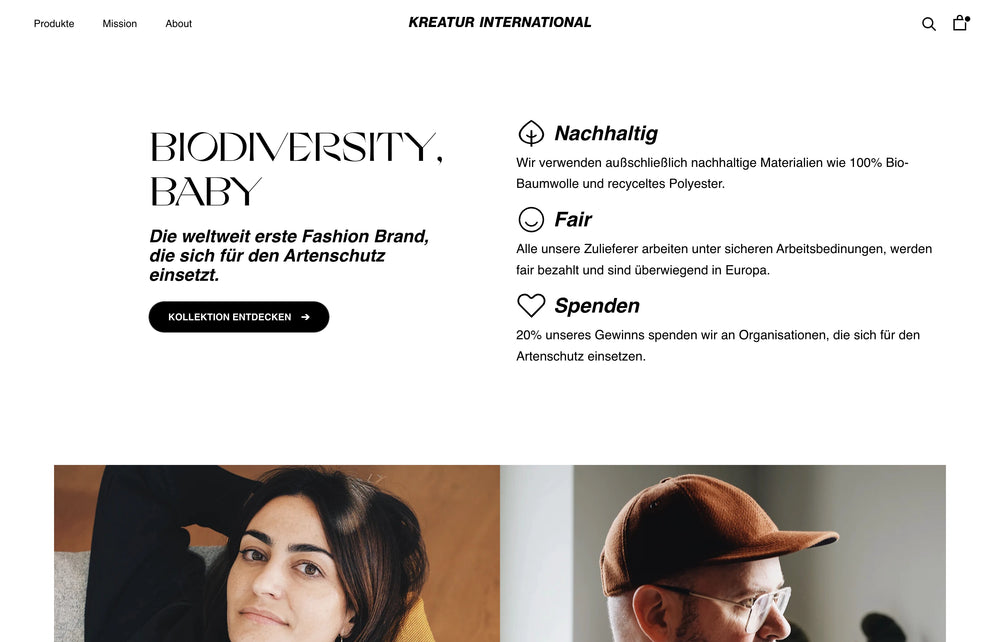 Text über Biodiversität und Mode, daneben Portraits von Personen.