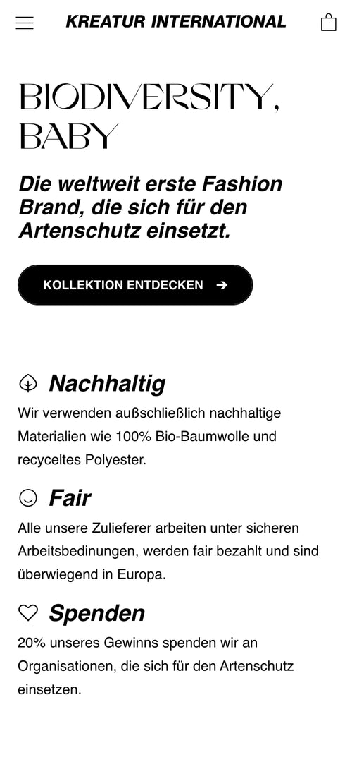 Text in schwarzer Schrift: 'Kreatur International. Biodiversity, Baby. Die weltweit erste Fashion Brand, die sich für den Artenschutz einsetzt. Nachhaltig, Fair