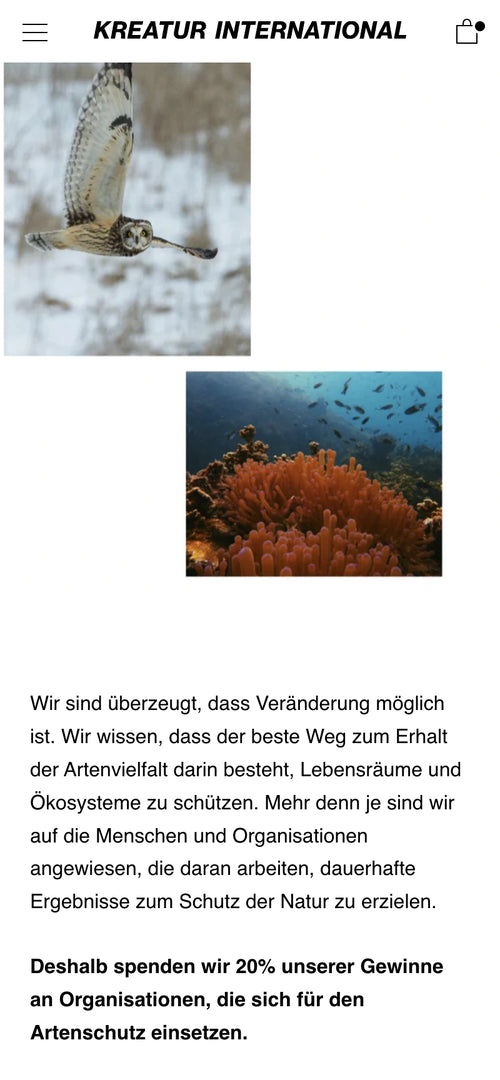 Foto einer fliegenden Eule und einem Meeresbild. Text über Artenschutz-Strategien und Spenden.