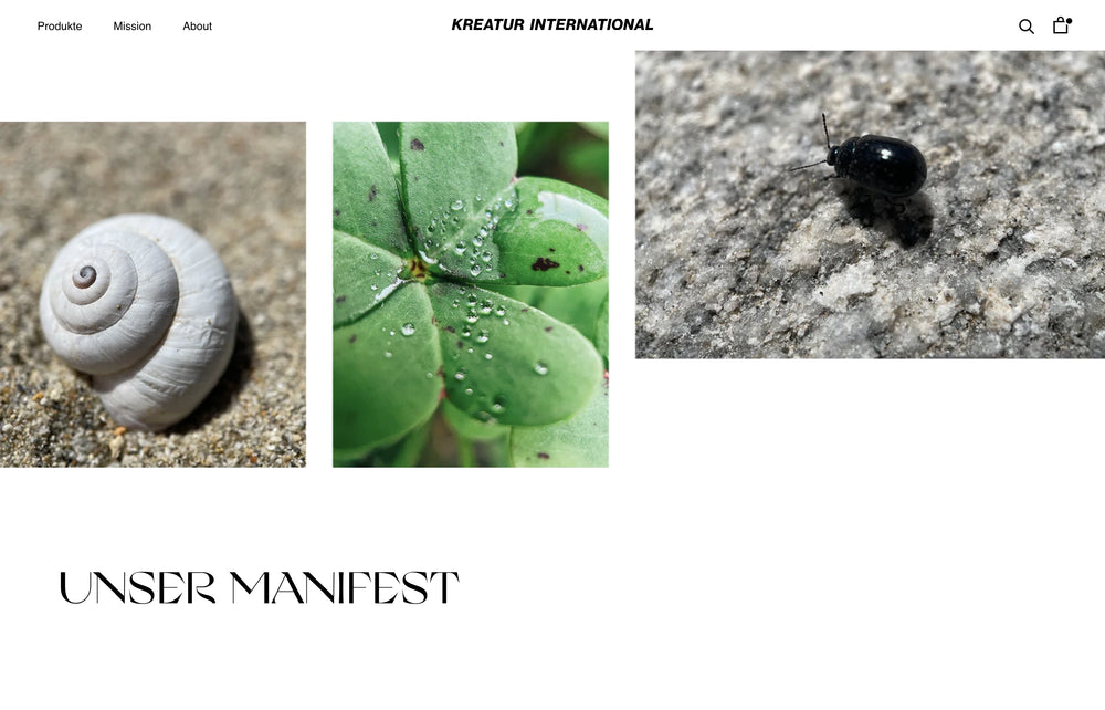 Nahaufnahmen einer Schnecke, Klee mit Tropfen und Käfer auf Stein. Text: Unser Manifest.