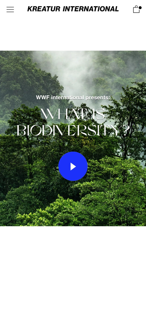Grüner Wald mit Text "WWF International presents: What is biodiversity?" und Play-Symbol.