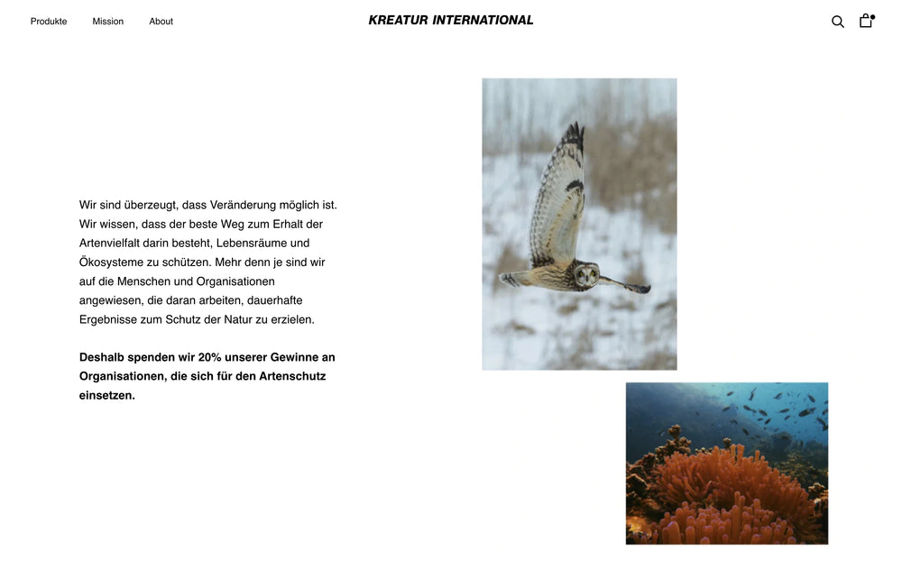 Eine Eule im Flug, darunter Korallen im Meer. Text über Artenschutz und Spenden.