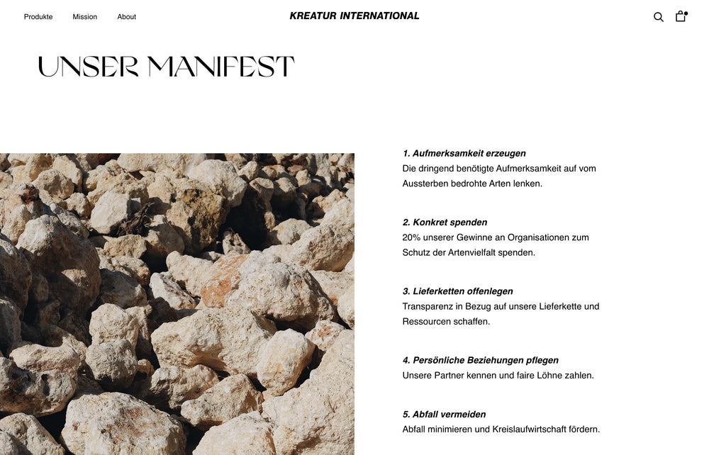 Foto von Felsen, daneben das Manifest mit sechs Punkten für Umweltschutz.