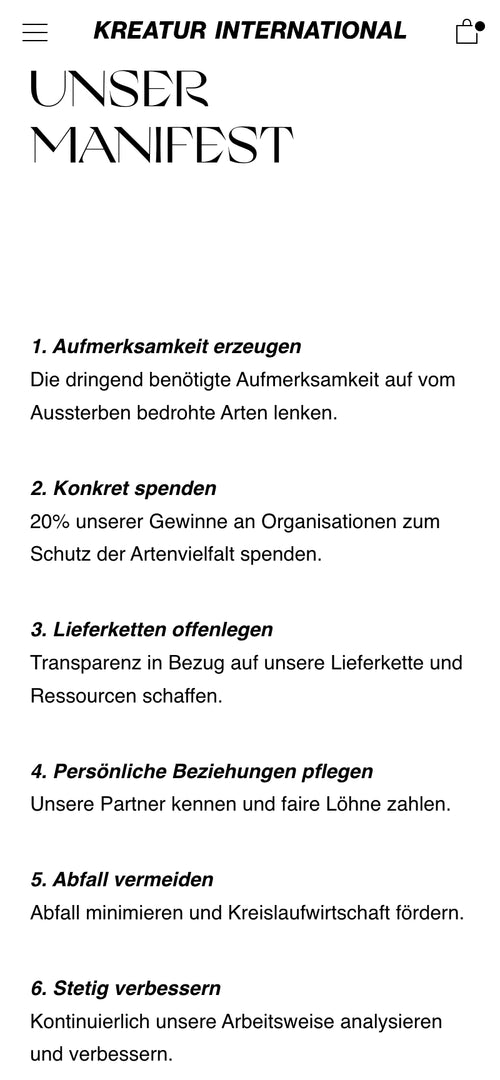 Manifesttext mit sechs Umweltzielen, wie Spenden und Müllvermeidung.