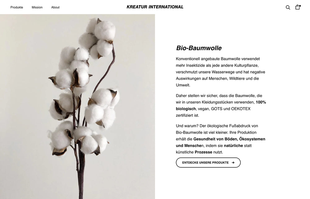 Baumwollzweig, daneben Text über Bio-Baumwolle und ihre Vorteile.