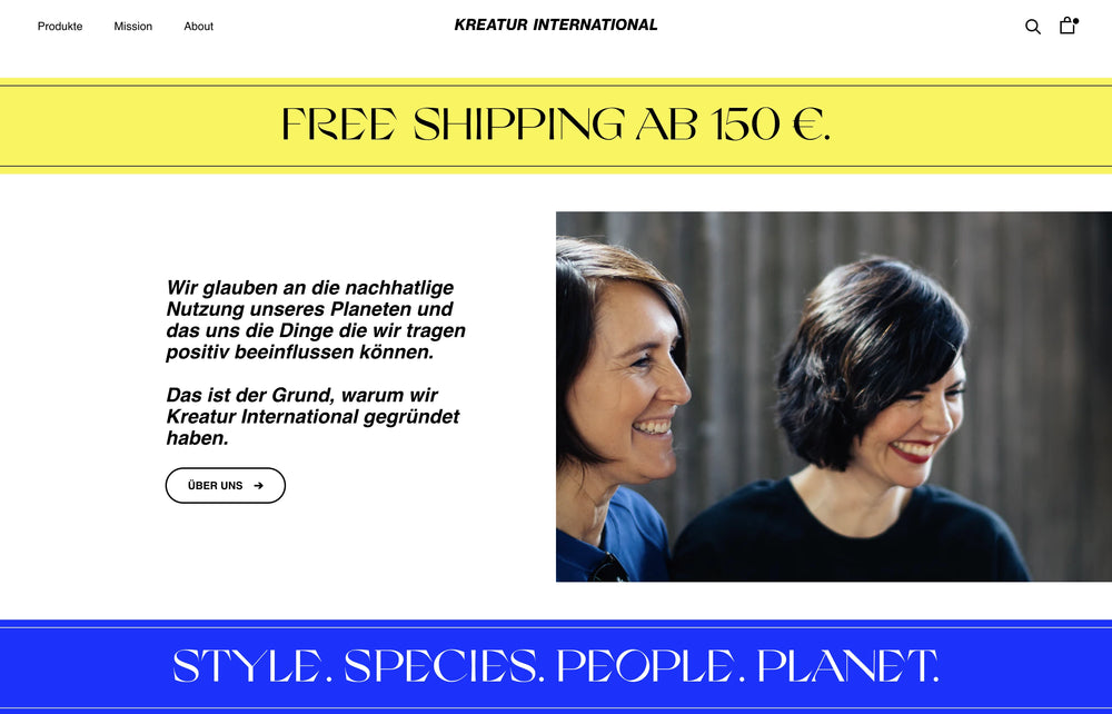 Text über kostenlose Lieferung, nachhaltige Nutzung des Planeten, darunter zwei Frauen.