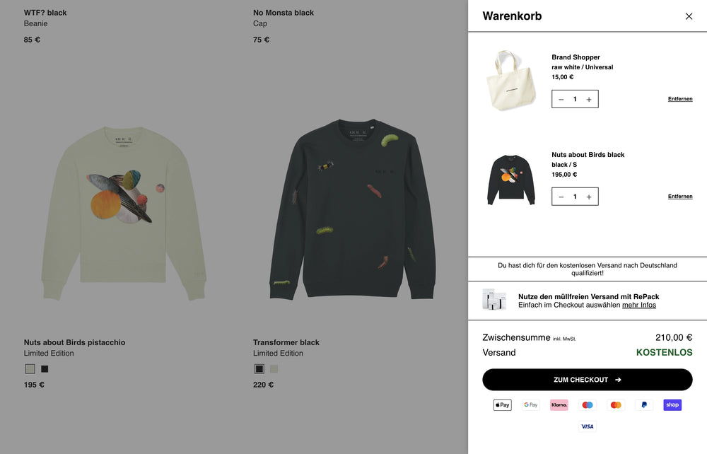 Ein Warenkorb mit Produkten und Bestellsumme auf der rechten Seite.