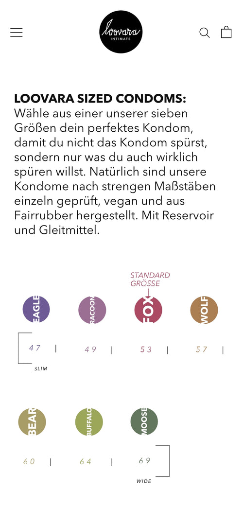 Text über Loovara Kondome mit sieben Größen und Materialangaben.
