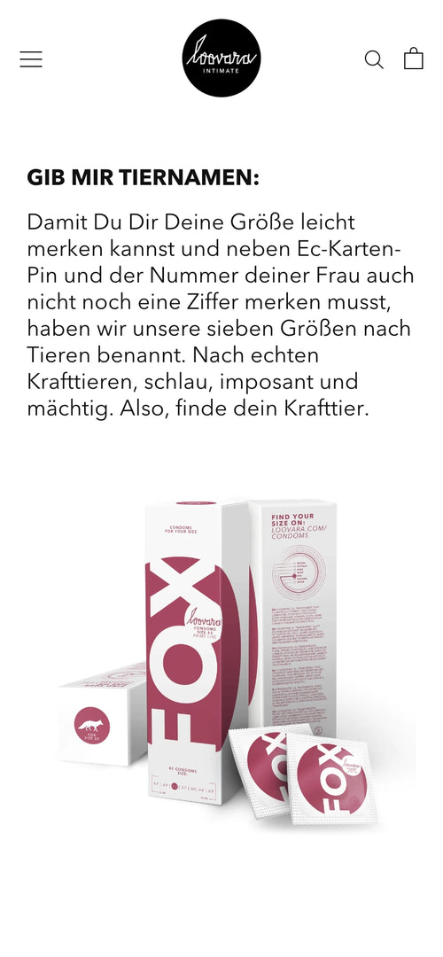 Diagramm zeigt Kondomgrößen mit Tiernamen wie "Moose" und "Eagle" in Farben.