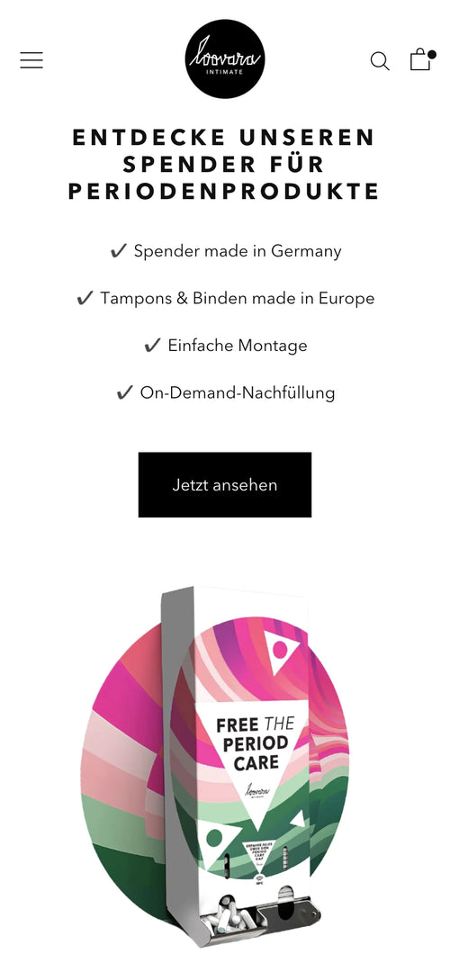 Weißer Spender mit buntem Design. Text oben: "Entdecke unseren Spender für Periodenprodukte"