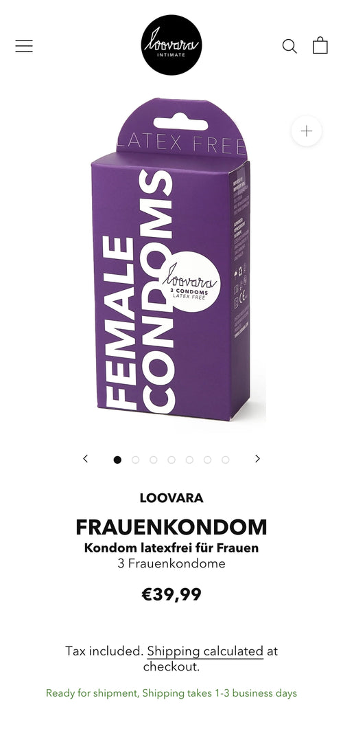 Lila Box mit Text "Female Condoms". Preis: €39,99 für 3 Frauenkondome, latexfrei.