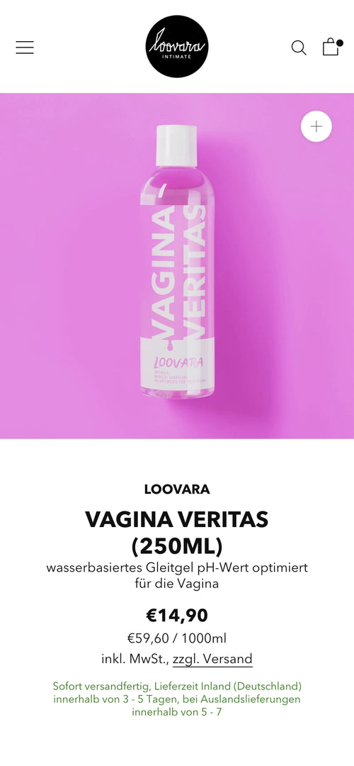 Eine transparente Flasche Gleitgel vor lila Hintergrund. Text: "VAGINA VERITAS (250ml) €14,90"