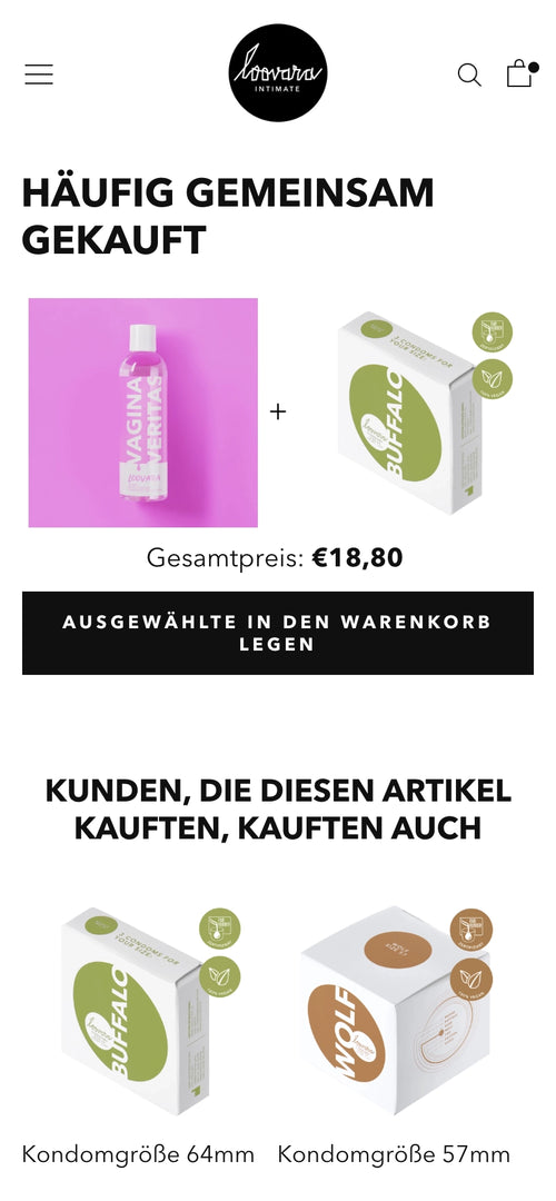 Flasche Gleitgel und Kondome abgebildet. Text: "Häufig gemeinsam gekauft Gesamtreis: €18,80"