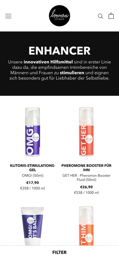 Verschiedene Stimulationsmittel abgebildet. Text oben: "ENHANCER Unsere innovativen Hilfsmittel"