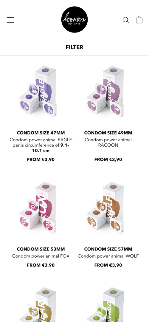 Verschiedene Kondomgrößen und Designs, alle ab €3,90. Größen: 47mm bis 57mm.