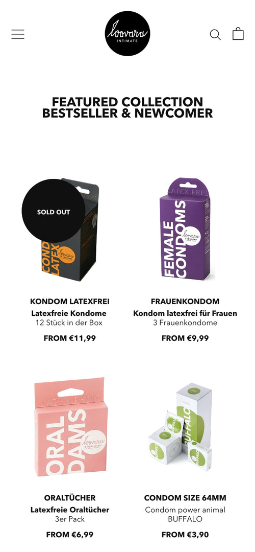 Vier Produktverpackungen von Kondomen, ein 'Sold Out'-Sticker, Text 'Featured Collection Bestseller & Newcomer'.