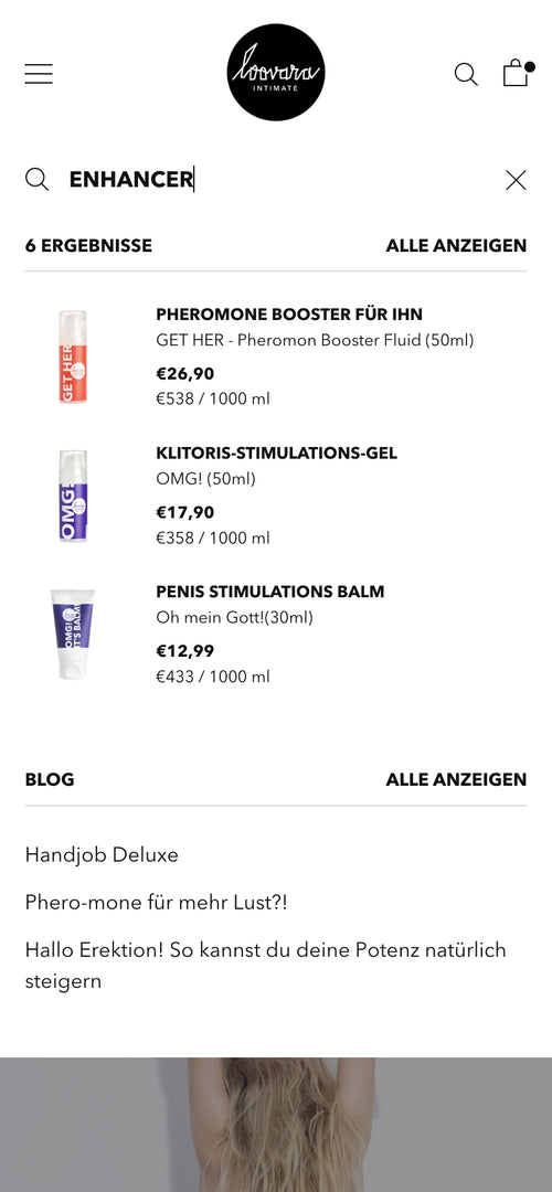 Suchergebnis für "Enhancer" zeigt diverse Stimulanzien. Erste drei: Pheromon Booster, Stimulations-Gel.