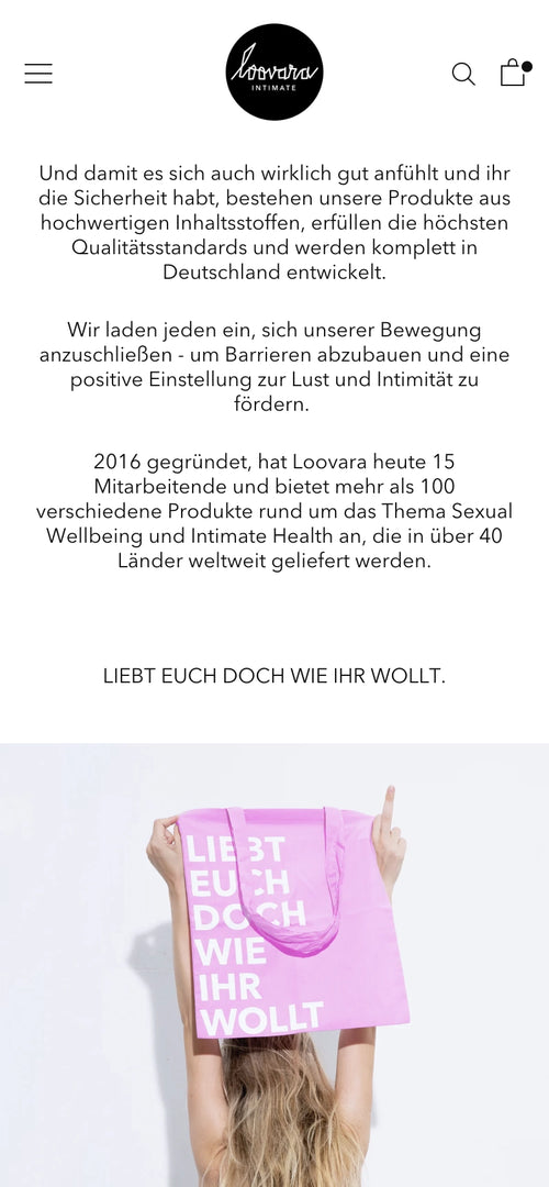 Text about product quality standards in German with a pink bag displaying white text