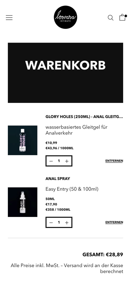 Warenkorbansicht mit zwei Produkten und Gesamtkosten 28,89 €.