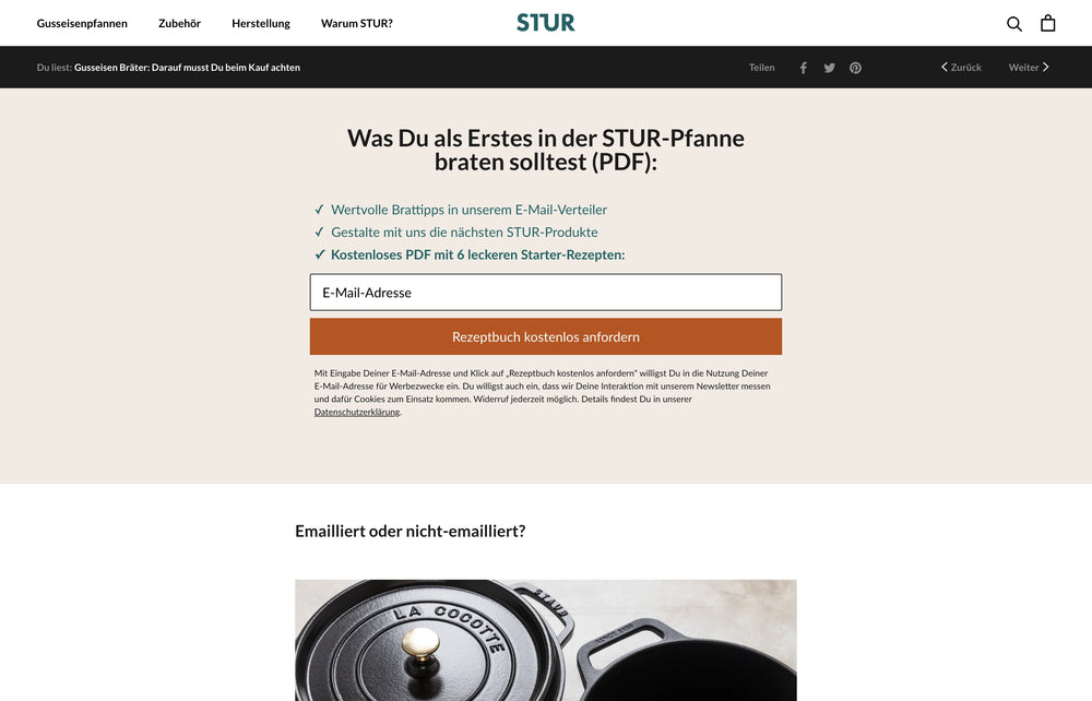 Textfeld zur Anmeldung für Rezepte, Email anfordern, Schaltfläche in Orange.