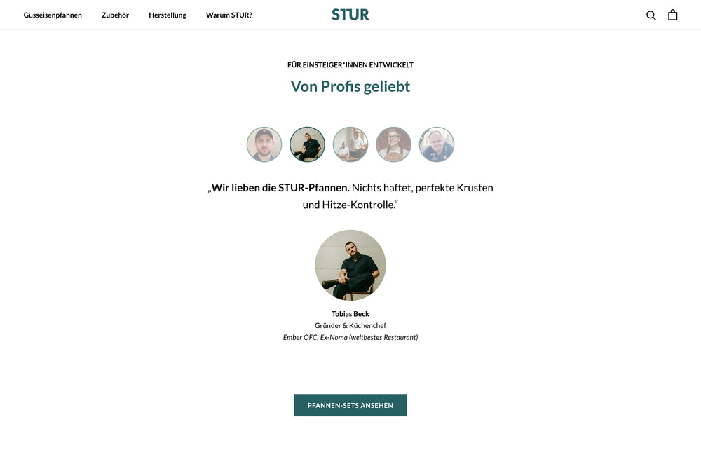 Bild von Tobias Beck, darunter Zitat: „Wir lieben die STUR-Pfannen. Nichts haftet, perfekte Krusten…“.
