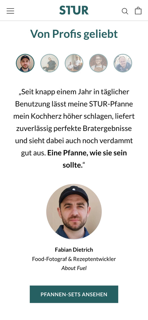 Porträt eines Mannes mit Kommentar über die STUR-Pfanne, umgeben von weiteren Porträts.