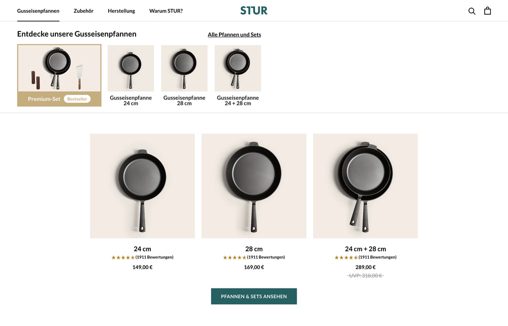 Drei Gusseisenpfannen in verschiedenen Größen, oben Reiter für weitere Selektion.