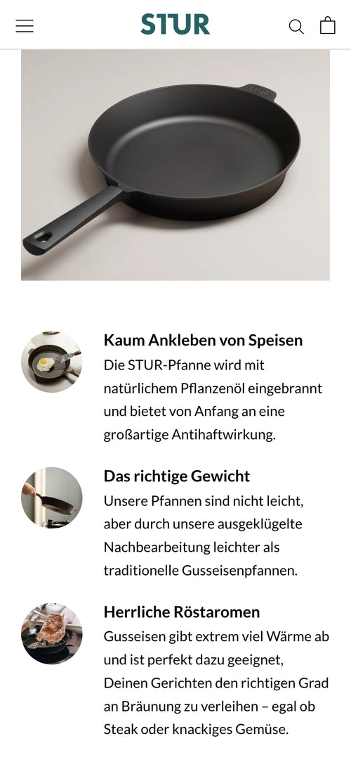 Gusseisenpfanne mit Text über Antihafteigenschaften, Gewicht und Röstaromen.
