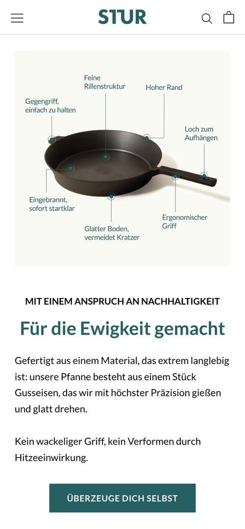 Gusseisenpfanne mit Beschriftungen zu Funktionen und Text über Nachhaltigkeit.