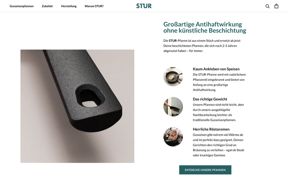Pfannengriff aus schwarzem Material mit Text zur Antihaftwirkung.