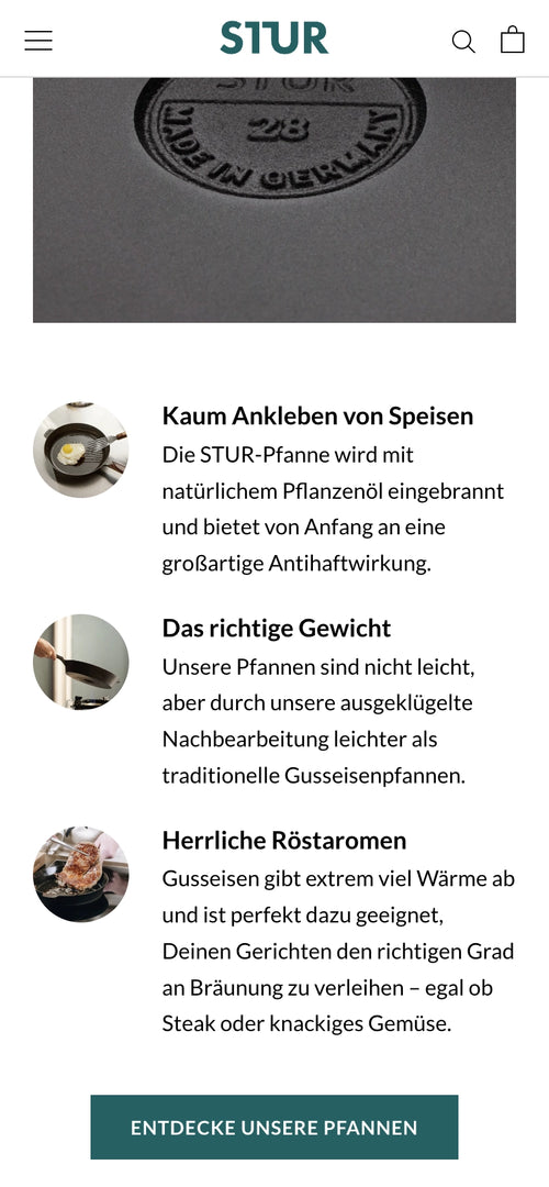 Nahaufnahme einer Pfanne mit Text über Antihafteigenschaften und Röstaromen.