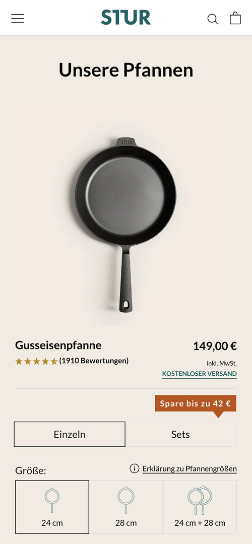 Gusseisenpfanne für 149,00 € mit Optionen für 24 cm und 28 cm Größe, inklusive Kundenbewertungen.