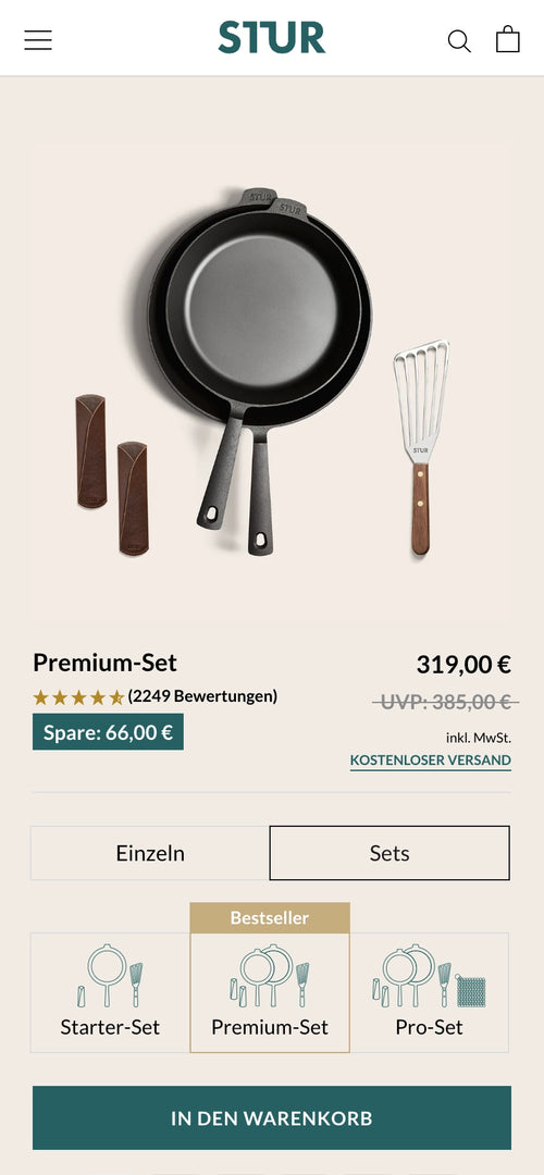 Premium-Set mit Pfanne, Griffschutz und Spatel, Preis 319,00 €, Rabattdetails sichtbar.