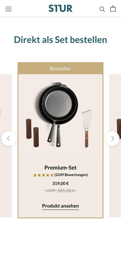 Abbildung des Premium-Sets mit Pfanne, Griffschutz, Wender und 319,00 € Preisangabe.