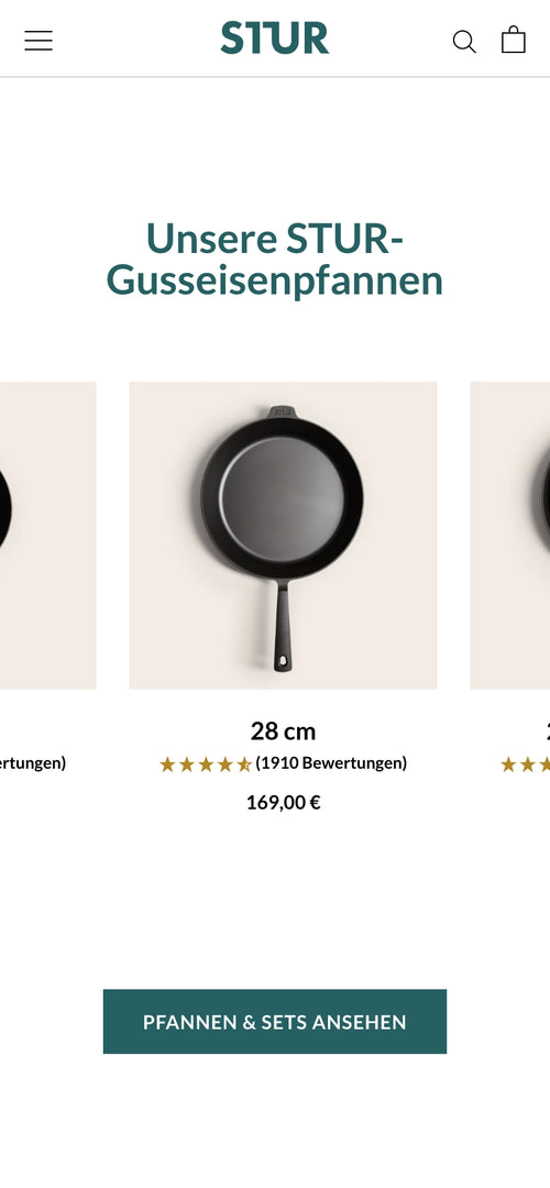 Anzeige von STUR-Gusseisenpfannen, 28 cm, mit 5-Sterne Bewertung und Preis 169,00 €.