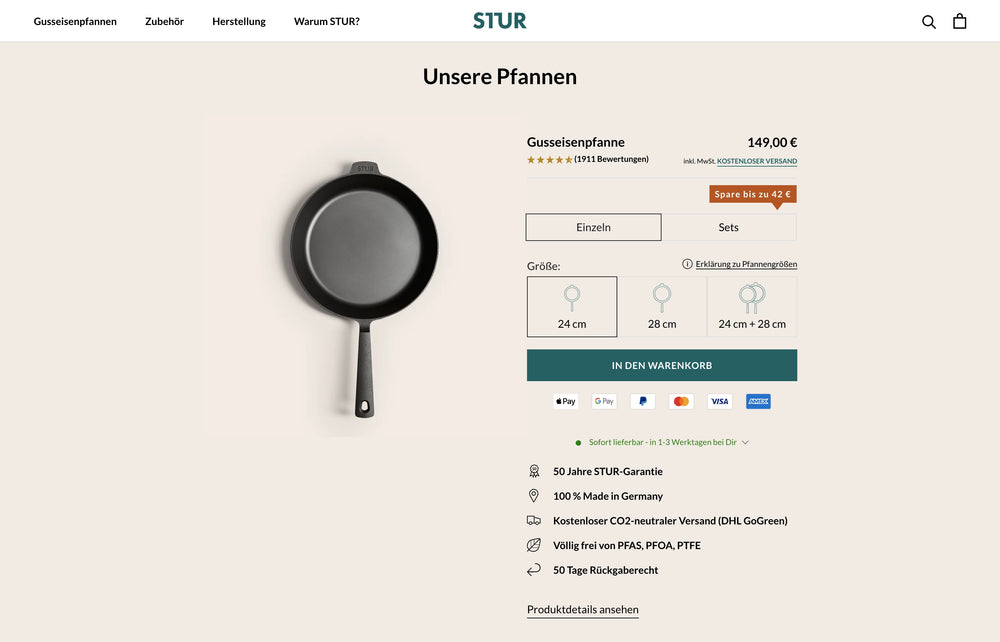 Gusseisenpfanne mit Preis, STUR-Garantie und Produktdetails übersichtlich dargestellt.