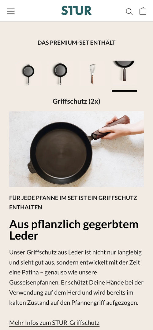 Pfanne mit Griffschutz aus Leder und Text zur Langlebigkeit des Materials.