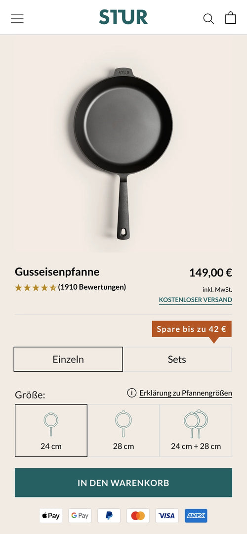 Gusseisenpfanne für 149,00 € mit verschiedenen Größenoptionen und kostenlosem Versand.