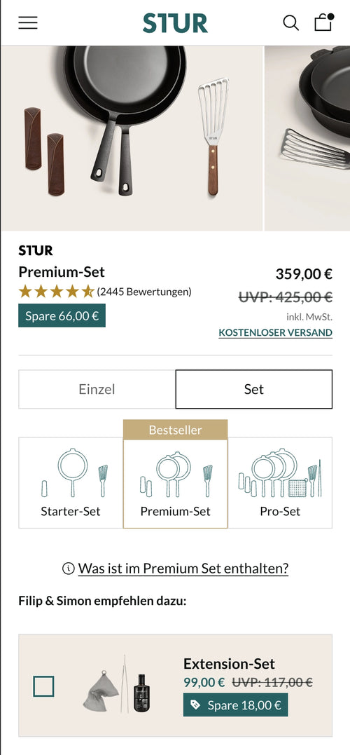 Stur Premium-Set mit zwei Pfannen, Holz-Spatel und braunen Griffschutz.