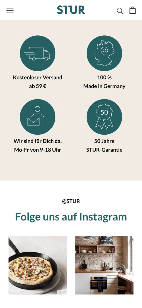 Symbole für kostenlosen Versand, Made in Germany, Supportzeiten und 50 Jahre Garantie.