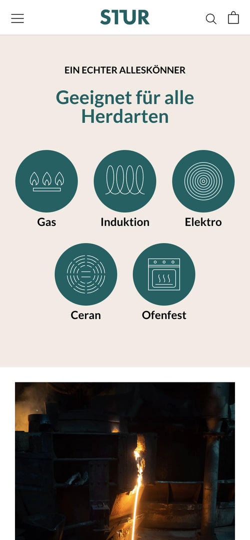 Symbole für Herdarten wie Gas, Induktion, Elektro, Ceran und ofenfest, mit Flammenbild.