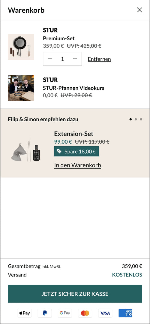 Warenkorb-Ansicht für ein Premium-Set plus Videokurs und Empfehlung für Extension-Set.