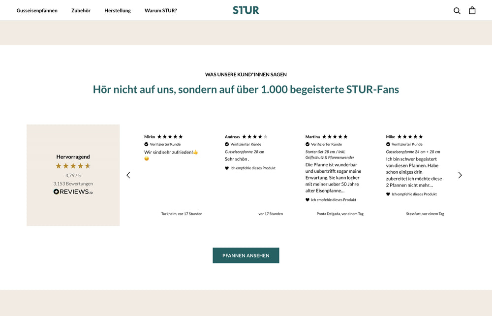 5-Sterne-Bewertungen von STUR-Kunden mit der Anzahl Stimmen und Falken-Kommentaren.