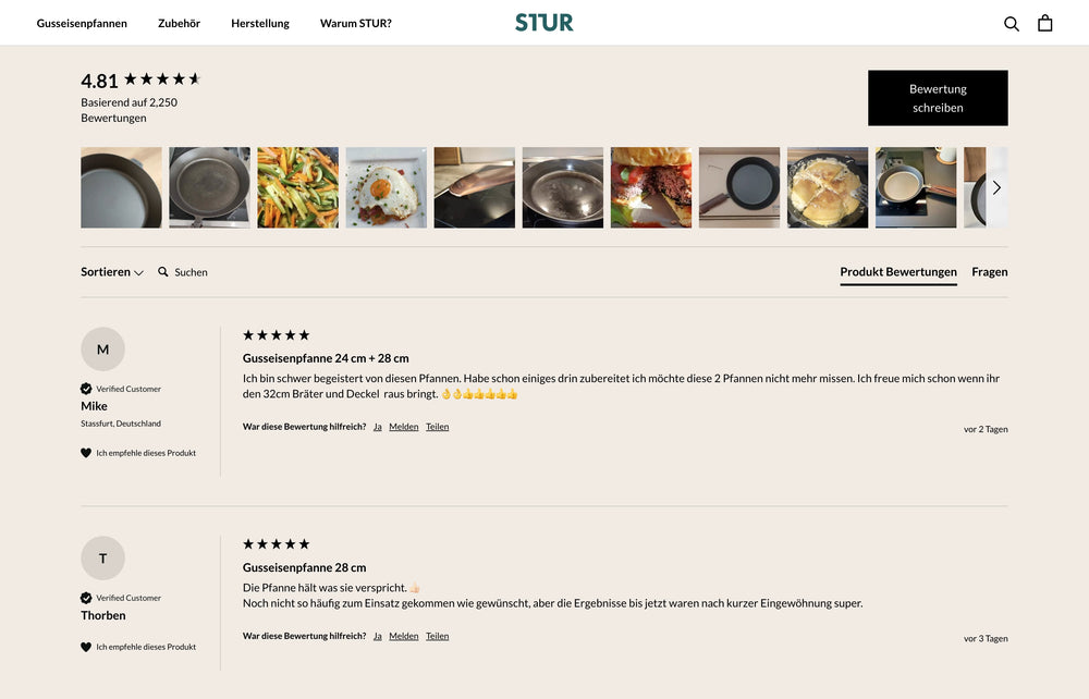 Bewertungen von Gusspfannen mit Sternebewertungen und Kommentaren.