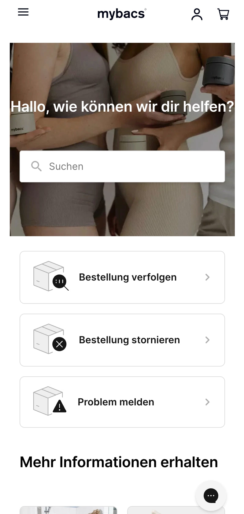 Boxen zum Verfolgen, Stornieren oder Melden von Bestellungen.
