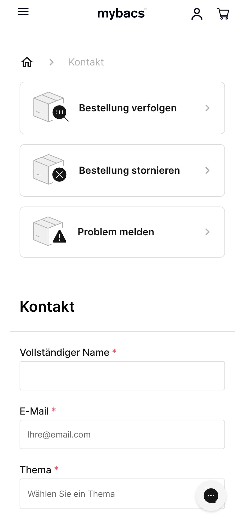 Formular mit Feldern für Name, E-Mail und Thema, sowie Buttons.