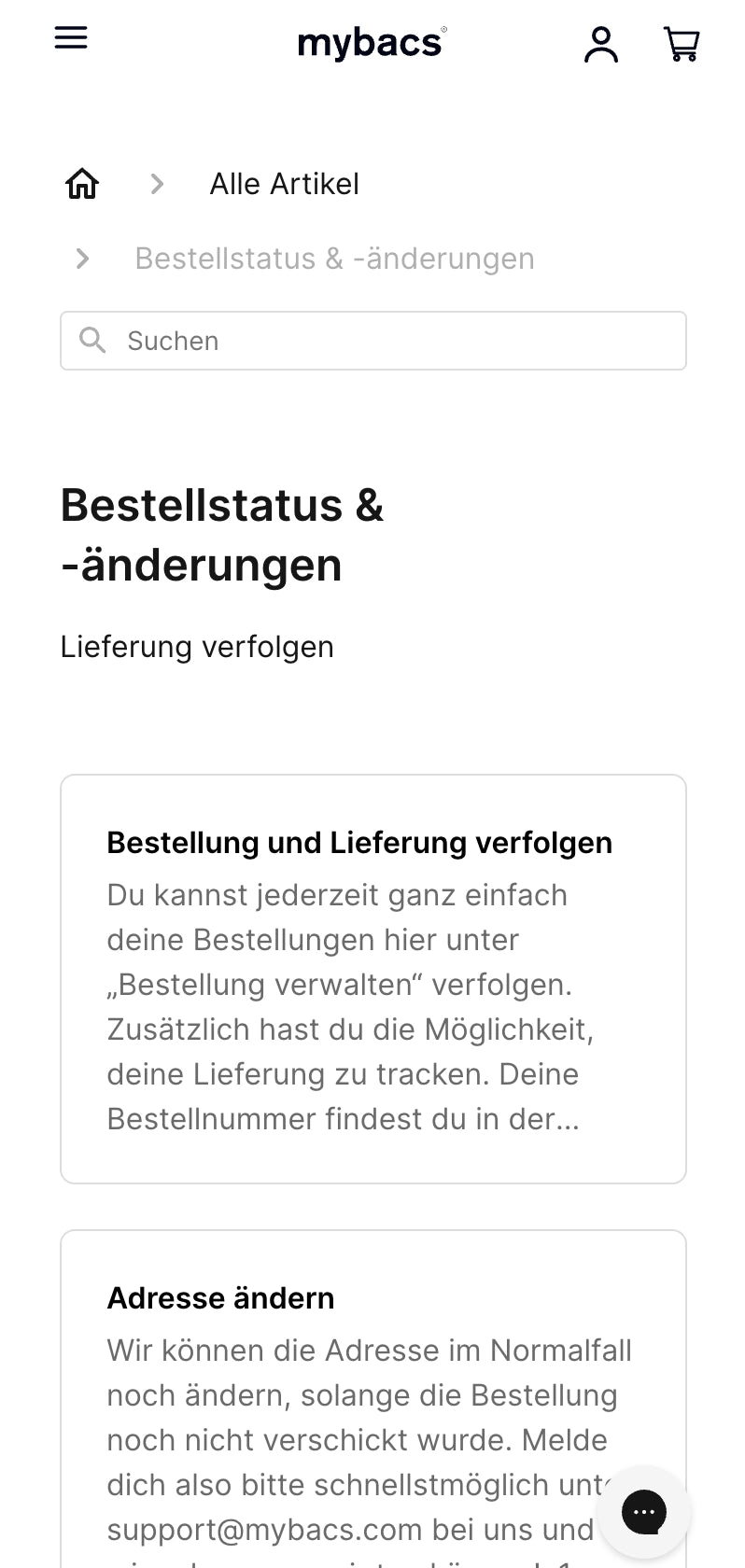 Menü zur Bestellverfolgung und Adressänderung.